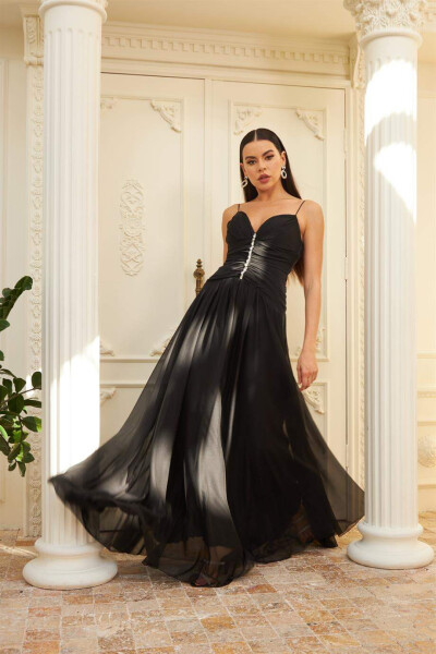 Black Chiffon Strapless Long Dress with Beaded Neckline & Occasion Dress - 2