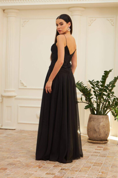 Black Chiffon Strapless Long Dress with Beaded Neckline & Occasion Dress - 4