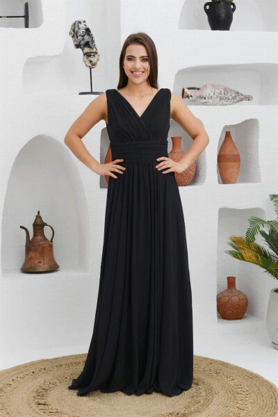 Black Chiffon V-Neck Long Evening Dress - 3