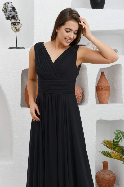 Black Chiffon V-Neck Long Evening Dress - 4