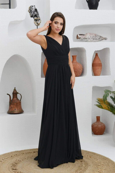 Black Chiffon V-Neck Long Evening Dress - 6