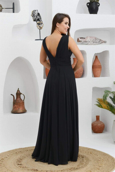 Black Chiffon V-Neck Long Evening Dress - 7