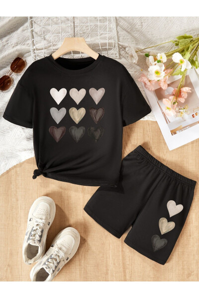 Black Children's Shorts and T-shirt Set with Heart Print - 1