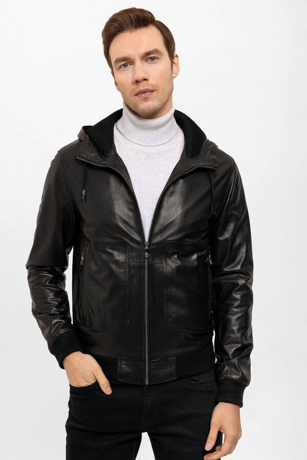 Black Clint Fixed Hooded Sleeve And Waist Fleece Lined Zippered Men's Genuine Leather Jacket - 9