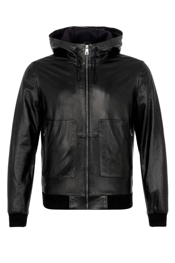 Black Clint Fixed Hooded Sleeve And Waist Fleece Lined Zippered Men's Genuine Leather Jacket - 12