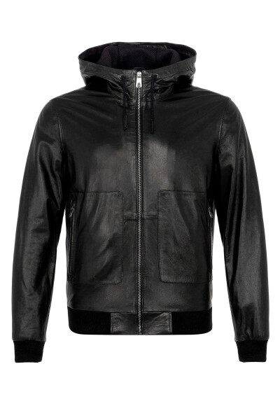 Black Clint Fixed Hooded Sleeve And Waist Fleece Lined Zippered Men's Genuine Leather Jacket - 6