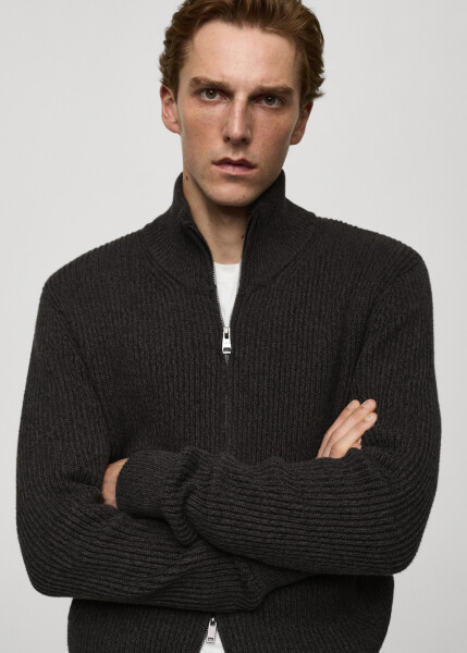 Black coal, thick knit ribbed zip-up sweater. - 16