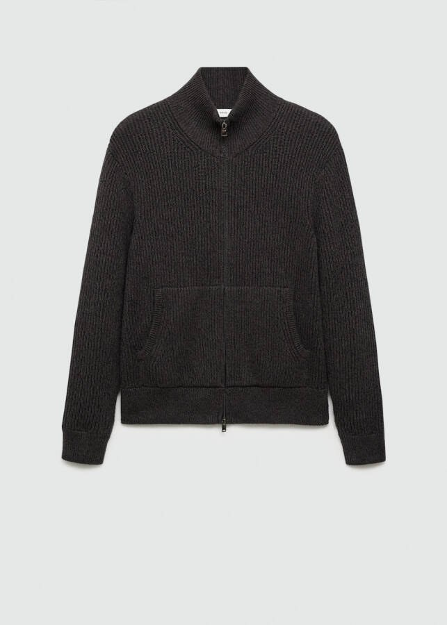 Black coal, thick knit ribbed zip-up sweater. - 1