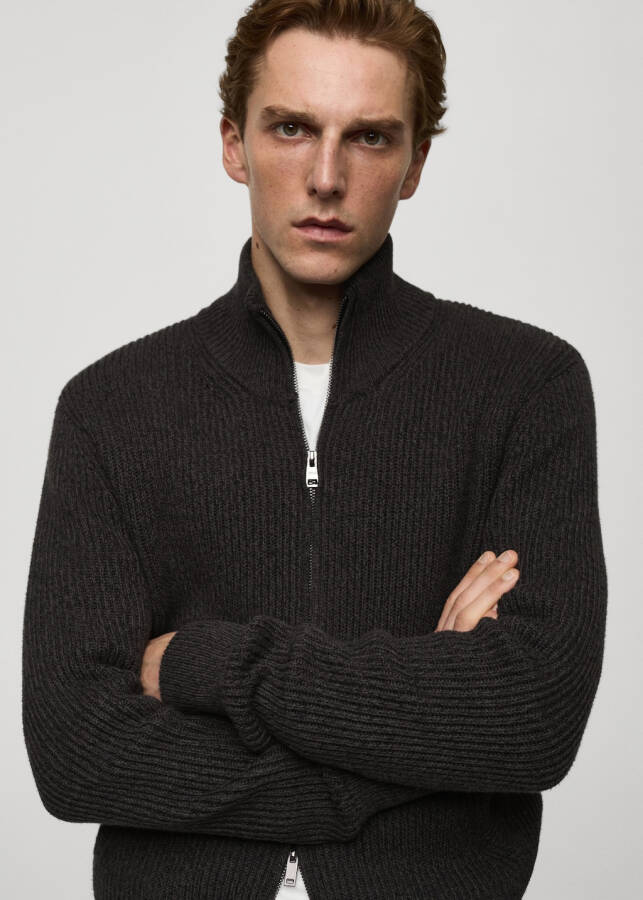 Black coal, thick knit ribbed zip-up sweater. - 7