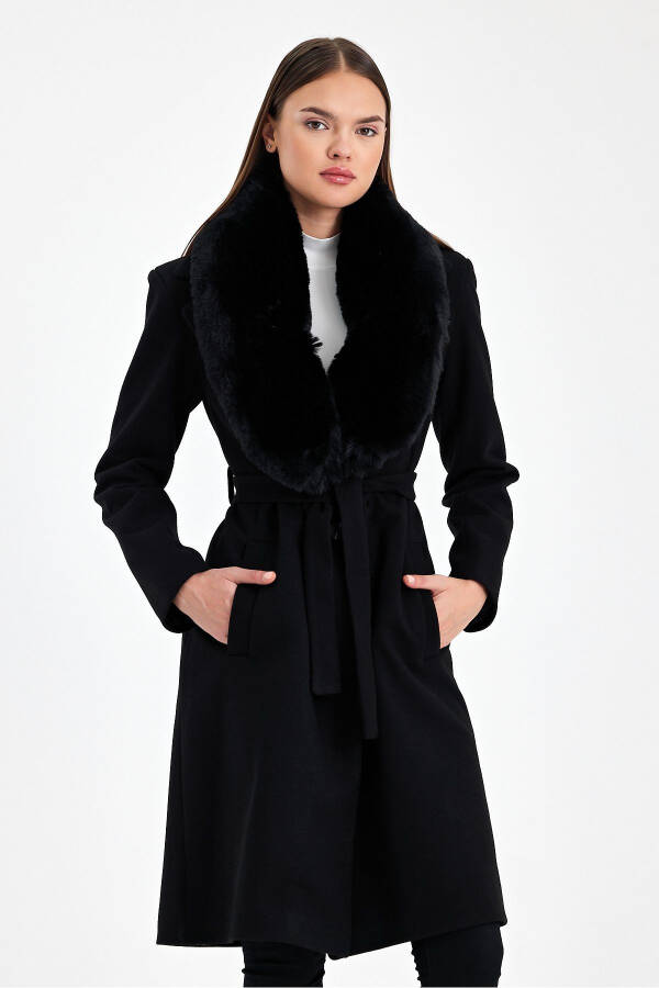 Black collar, fur-trimmed cashmere coat. - 1