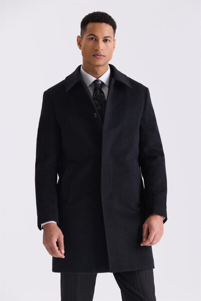 Black Comfort Fit Berber Collar Wool Pea Coat - 1