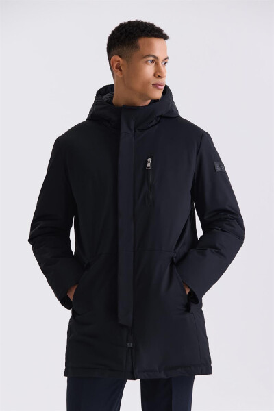 Black Comfort Fit Hooded Hidden Zipper Winter Jacket - 5