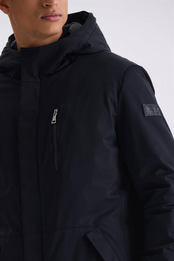 Black Comfort Fit Hooded Hidden Zipper Winter Jacket - 7