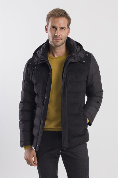 Black, comfort fit hooded puffer jacket. - 5