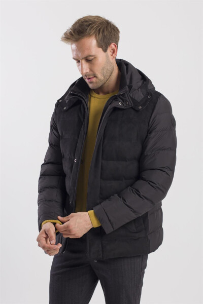 Black, comfort fit hooded puffer jacket. - 7