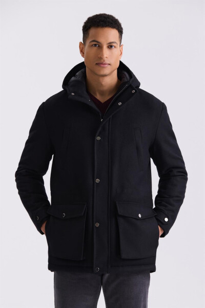 Black Comfort Fit Hooded Wool Coat - 5