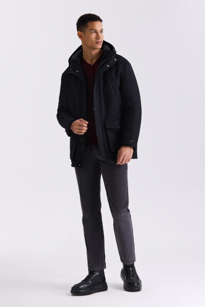 Black Comfort Fit Hooded Wool Coat - 6