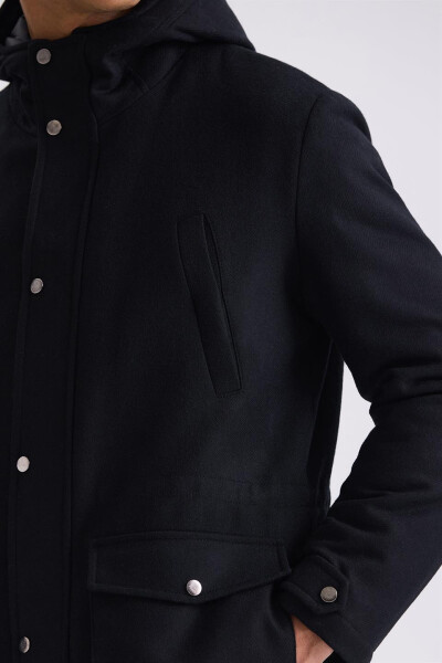 Black Comfort Fit Hooded Wool Coat - 7