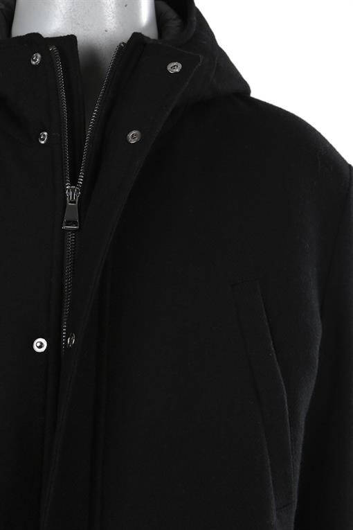 Black Comfort Fit Hooded Wool Coat - 14