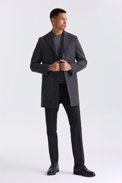 Black Comfort Fit Peak Lapel Plaid Wool Cashmere Coat - 5