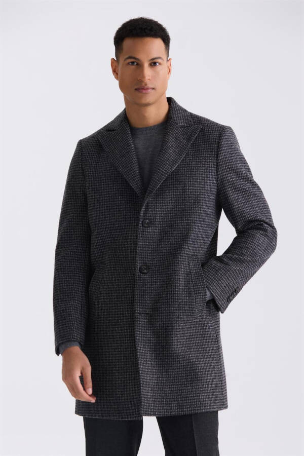 Black Comfort Fit Peak Lapel Plaid Wool Cashmere Coat - 6