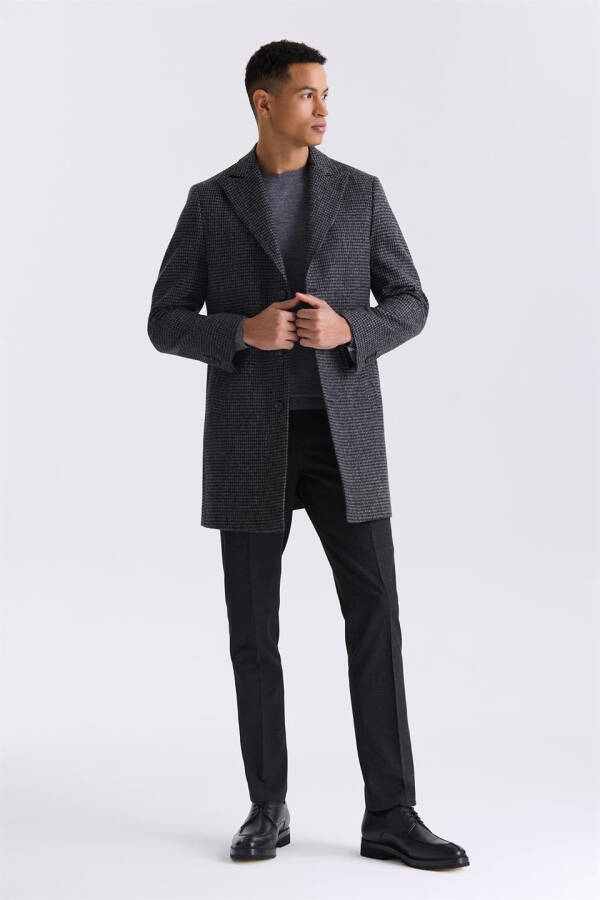 Black Comfort Fit Peak Lapel Plaid Wool Cashmere Coat - 1