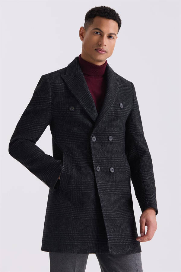 Black Comfort Fit Peak Lapel Plaid Wool Coat - 1