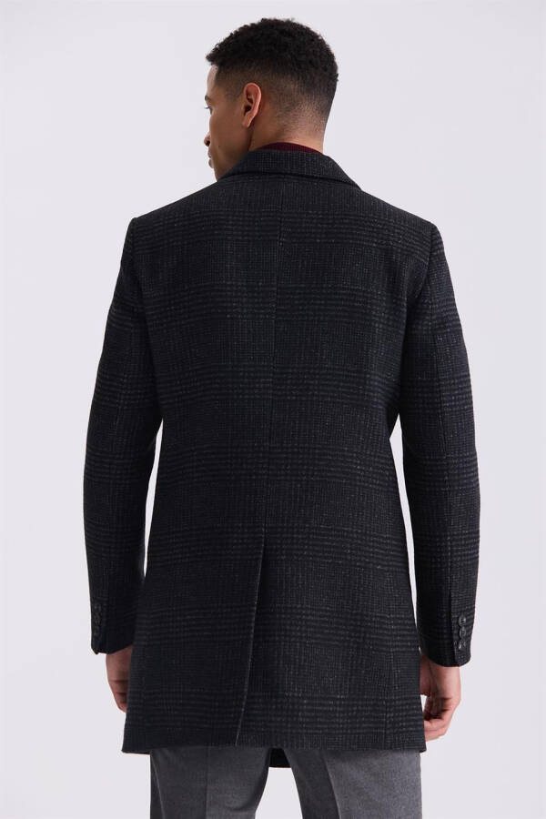 Black Comfort Fit Peak Lapel Plaid Wool Coat - 4