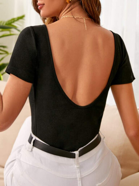 Black corset fabric blouse with deep back neckline. - 1