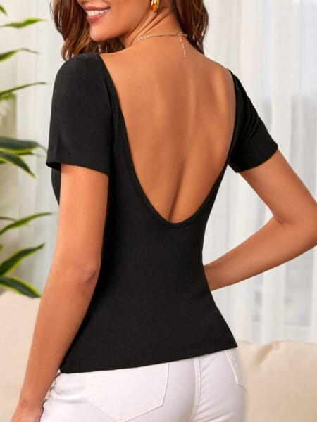 Black corset fabric blouse with deep back neckline. - 2