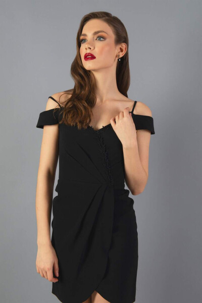 Black Crepe Strapless Wrap Short Dress - 2