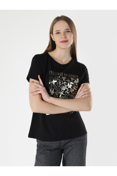 Black crew neck printed women's short sleeve t-shirt - 1