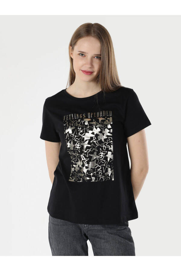 Black crew neck printed women's short sleeve t-shirt - 3