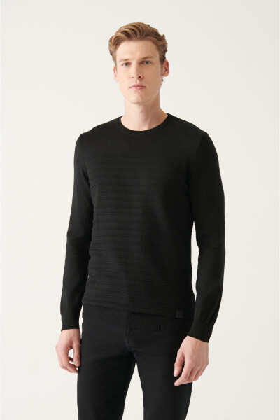 Black Crewneck Knit Detailed Sweater - 1