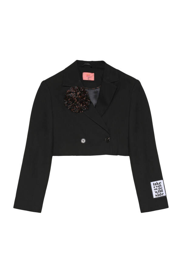 Black Crop Blazer Jacket with Rose Accents - 11