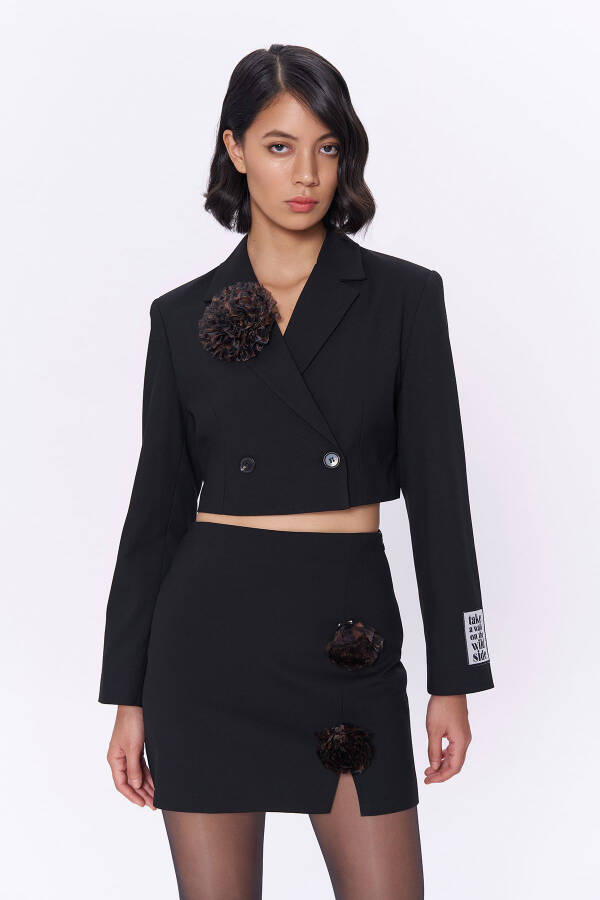 Black Crop Blazer Jacket with Rose Accents - 1