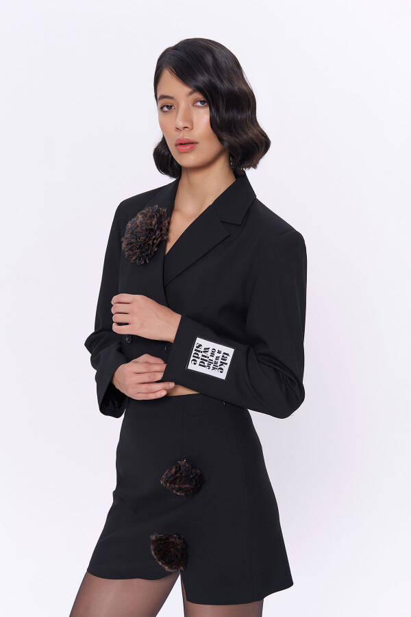 Black Crop Blazer Jacket with Rose Accents - 4