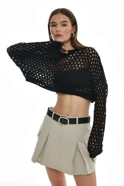 Black Crop Knit with Lace Details - 1