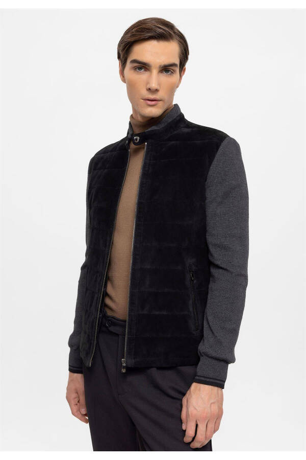 Black Diego Zippered Knit Sleeve And Collar Quilted Stitched Lined Men's Genuine Suede Jacket - 1