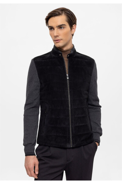 Black Diego Zippered Knit Sleeve And Collar Quilted Stitched Lined Men's Genuine Suede Jacket - 3