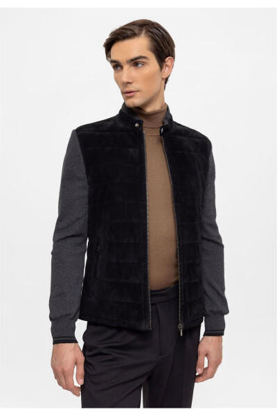 Black Diego Zippered Knit Sleeve And Collar Quilted Stitched Lined Men's Genuine Suede Jacket - 5