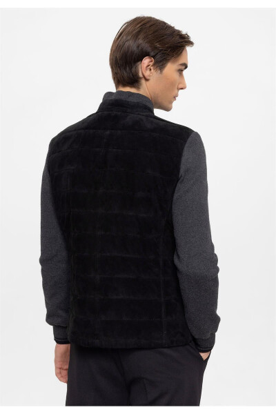 Black Diego Zippered Knit Sleeve And Collar Quilted Stitched Lined Men's Genuine Suede Jacket - 6