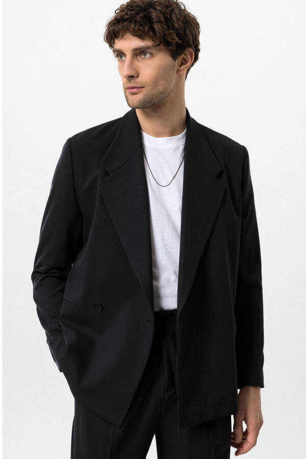 Black Double-Breasted Flap Pocket Men's Blazer Jacket - 9