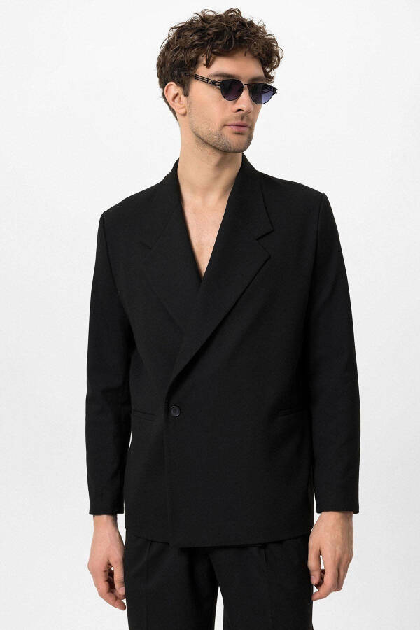 Black Double-Breasted Flap Pocket Men's Blazer Jacket - 1