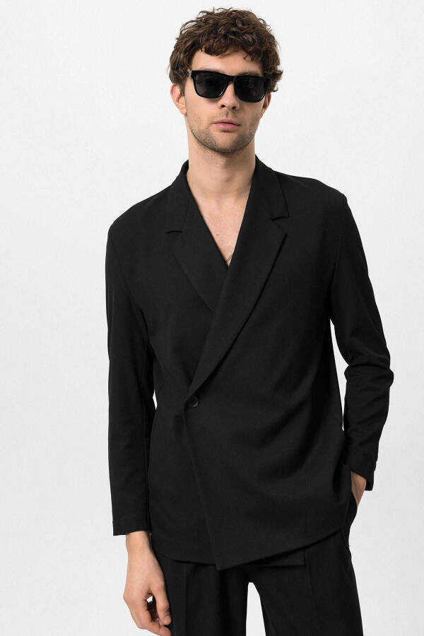 Black Double Breasted Hidden Pocket Men's Blazer Jacket - 1