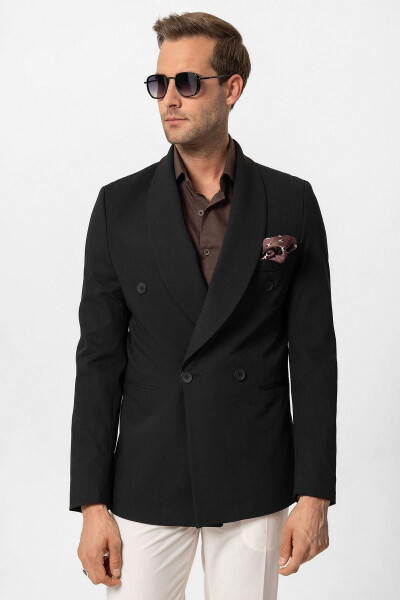 Black Double-Breasted Regular Fit Men's Blazer Jacket - 15