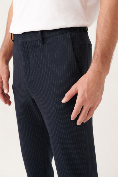 Black Elastic Knit Striped Trousers - 2