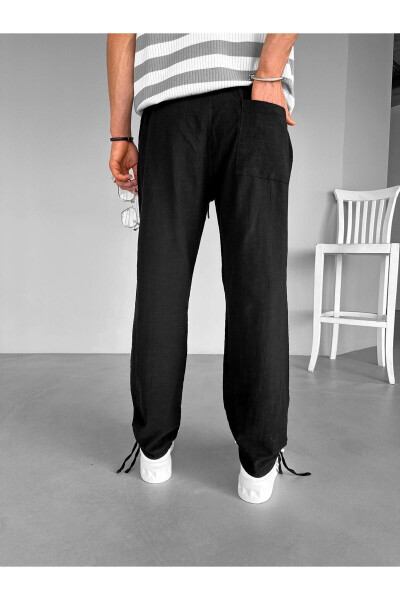 Black Elastic Waist Summer Relaxed Fit Stretch Cotton Linen Trousers - 19