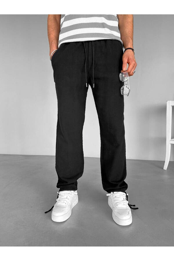 Black Elastic Waist Summer Relaxed Fit Stretch Cotton Linen Trousers - 14