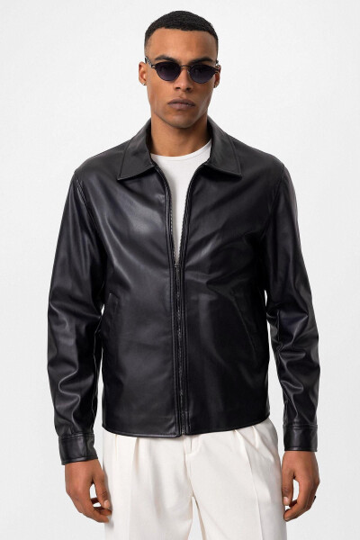 Black Faux Leather Men's Jacket - 19